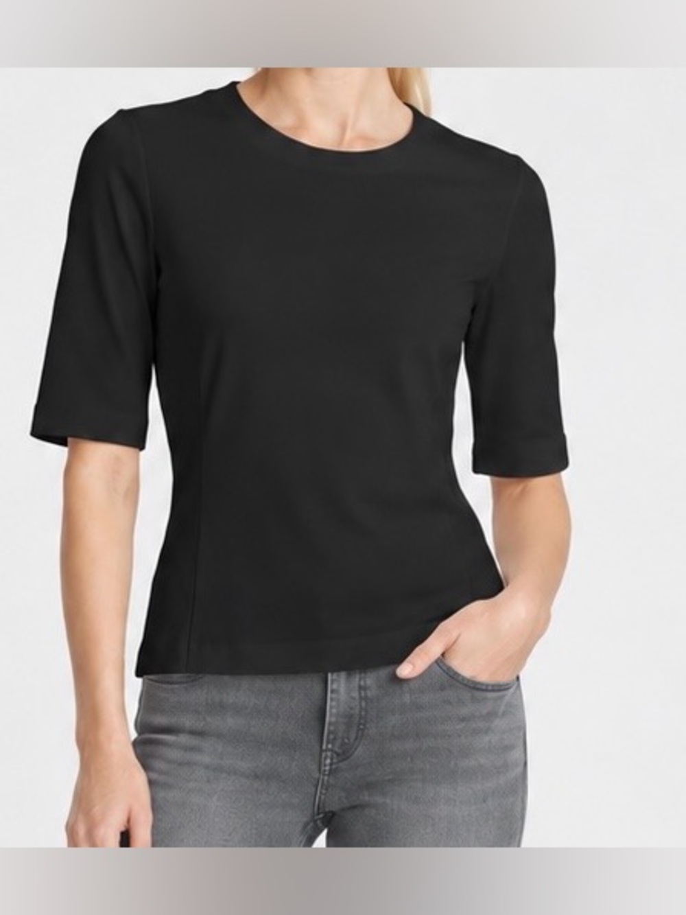 Rebecca Taylor Black Pima Cotton Knit Crew Neck Elbow Sleeve Stretch Top S